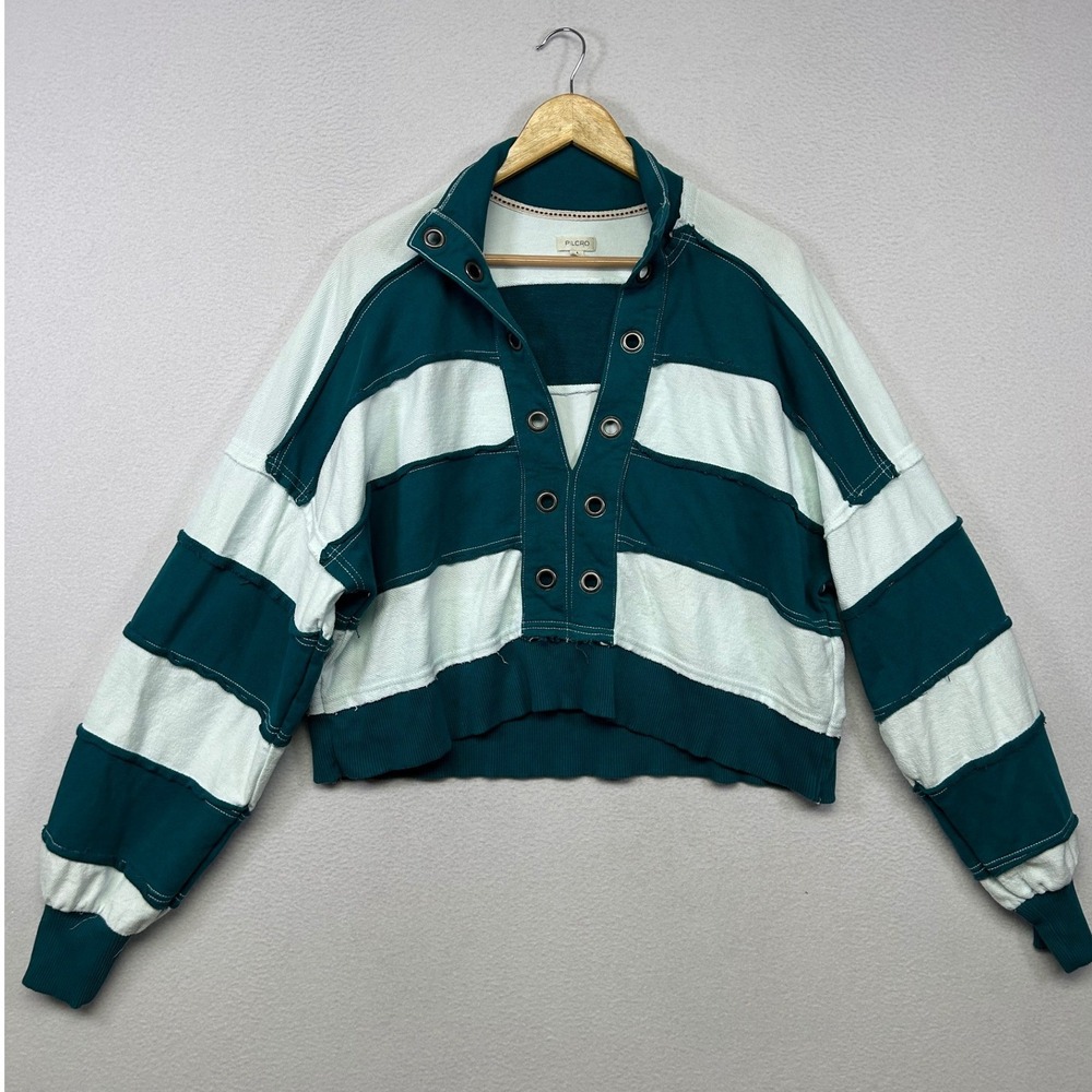 Boho Coastal Pilcro Womens Small Teal White Striped Grommet Cropped Sweatshirt